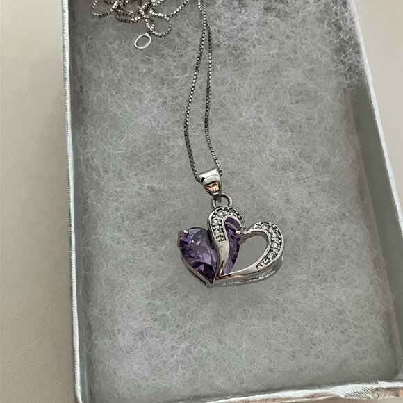 925 Sterling Silver Heart Pendant with Amethyst & clear CZ stones & 925 Chain 18 - Picture 6 of 6